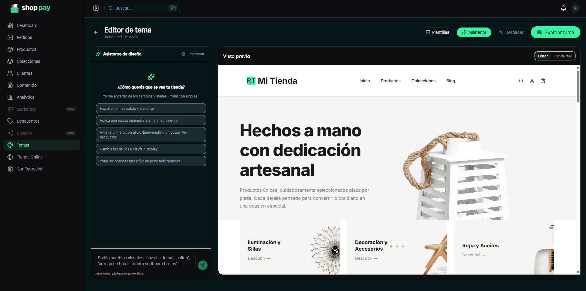 Panel de control de shop-pay con el editor de tema